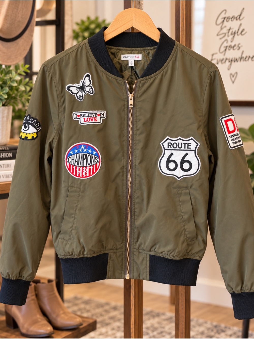 Casting LA Women’s S Olive Route 66 Patch Bomber Jacket